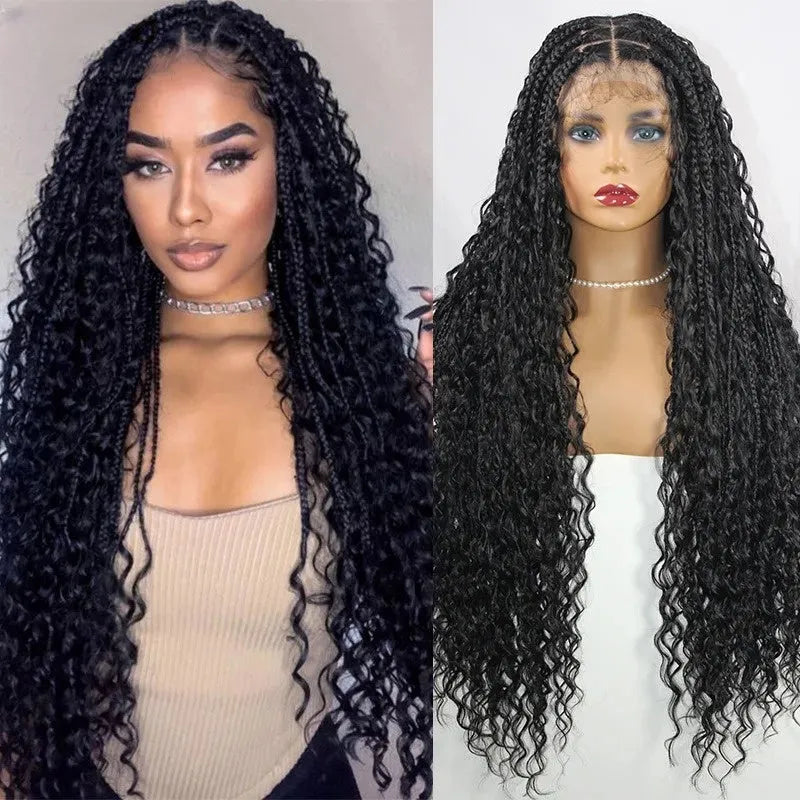 32 Inch Pre-cut Extra Long Boho Braided Box 360 Full Lace Curly Synthetic Wig