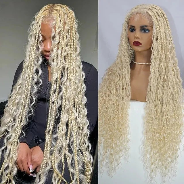 32 Inch Pre-cut Extra Long Boho Braided Box 360 Full Lace Curly Synthetic Wig