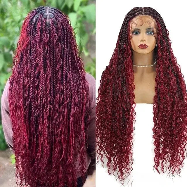 32 Inch Pre-cut Extra Long Boho Braided Box 360 Full Lace Curly Synthetic Wig