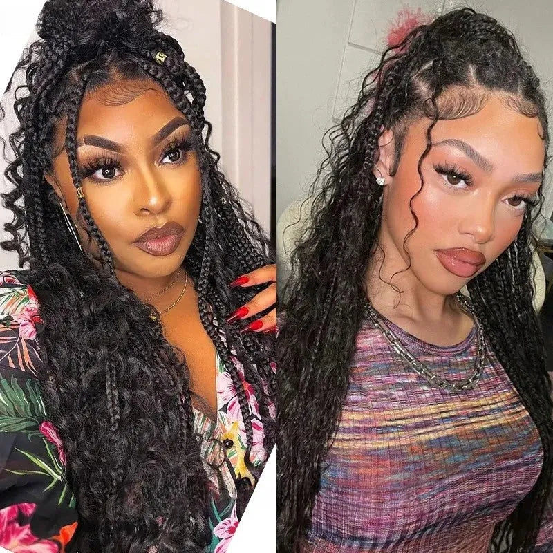32 Inch Pre-cut Extra Long Boho Braided Box 360 Full Lace Curly Synthetic Wig