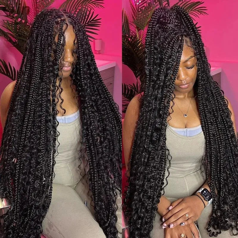 32 Inch Pre-cut Extra Long Boho Braided Box 360 Full Lace Curly Synthetic Wig