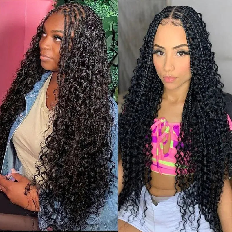 32 Inch Pre-cut Extra Long Boho Braided Box 360 Full Lace Curly Synthetic Wig