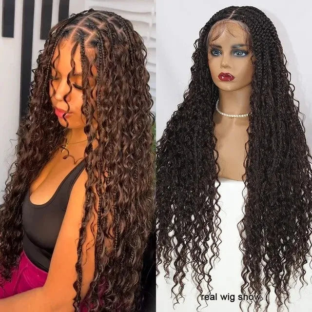 32 Inch Pre-cut Extra Long Boho Braided Box 360 Full Lace Curly Synthetic Wig