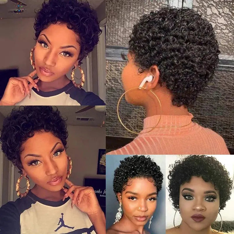 Natural Black Short and Pixie Jerry Curl / Kinky Curly Glueless 100% Human Hair Wig