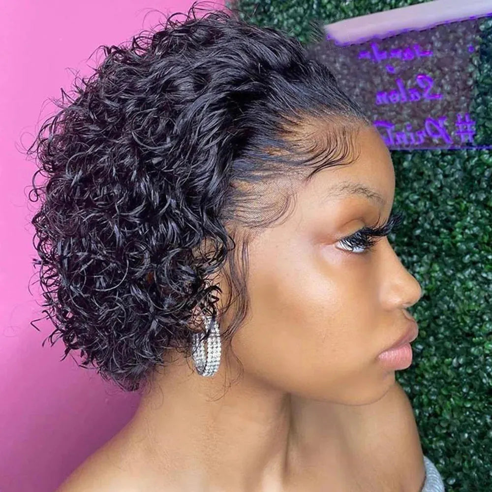 Curly Pixie Cut Transparent 13x1 Lace Front Wig 100% Human Hair