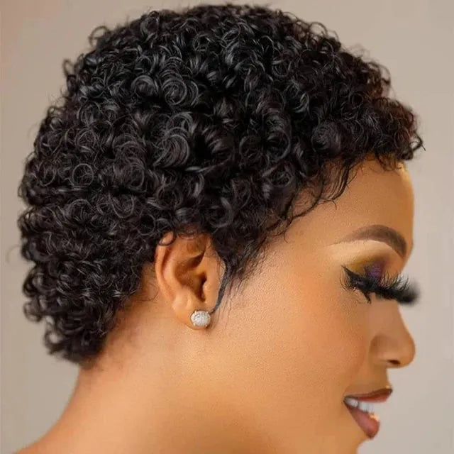 Natural Black Short and Pixie Jerry Curl / Kinky Curly Glueless 100% Human Hair Wig