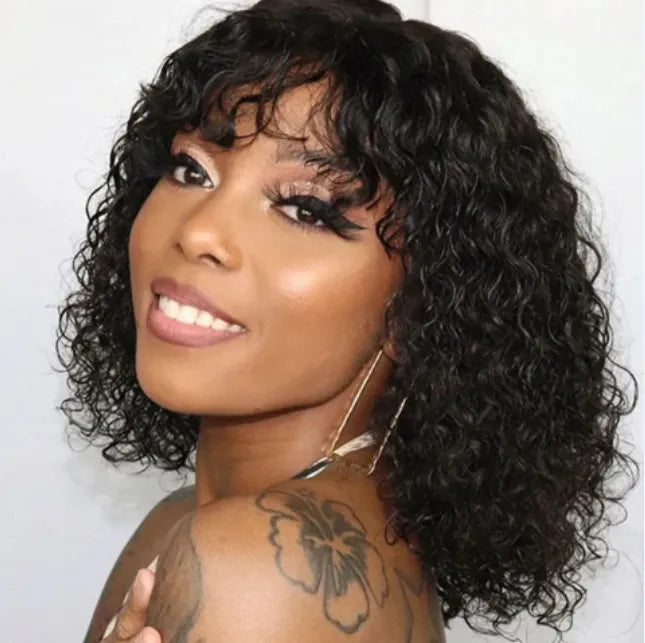 Water Wave No Lace Glueless Short Bob Wig With Bangs 100% Human Hair