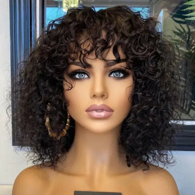 Water Wave No Lace Glueless Short Bob Wig With Bangs 100% Human Hair