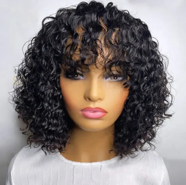 Water Wave No Lace Glueless Short Bob Wig With Bangs 100% Human Hair
