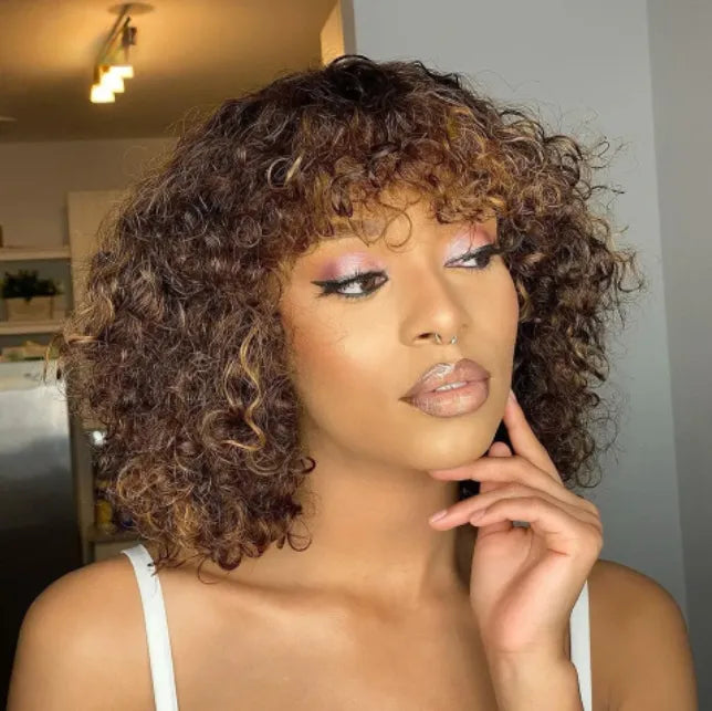 Water Wave No Lace Glueless Short Bob Wig With Bangs 100% Human Hair