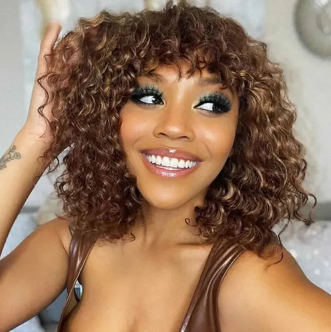 Water Wave No Lace Glueless Short Bob Wig With Bangs 100% Human Hair