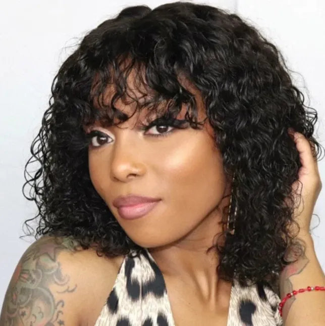 Water Wave No Lace Glueless Short Bob Wig With Bangs 100% Human Hair