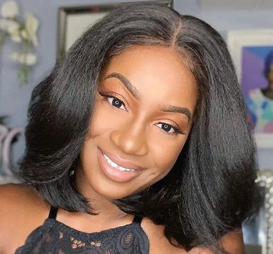 Kinky Straight Short Bob 13x4 HD Front Lace Glueless Wig 100% Human Hair