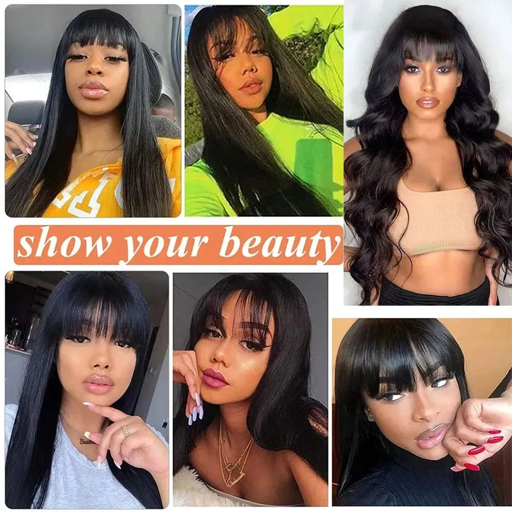 Soft and Straight Glueless No Lace Wig With Bangs 100% Human Hair