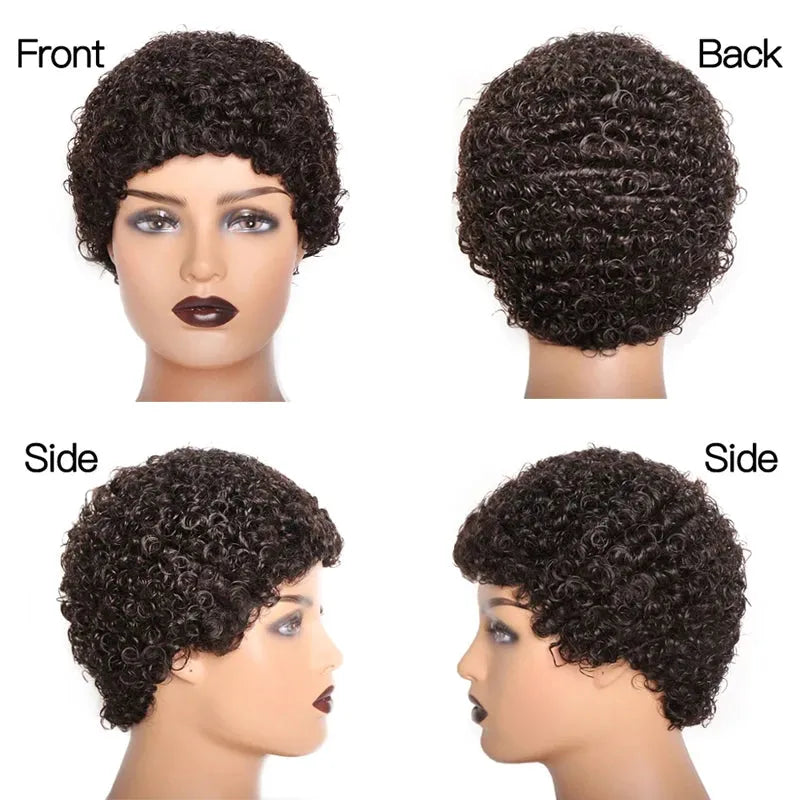 Natural Black Short and Pixie Jerry Curl / Kinky Curly Glueless 100% Human Hair Wig