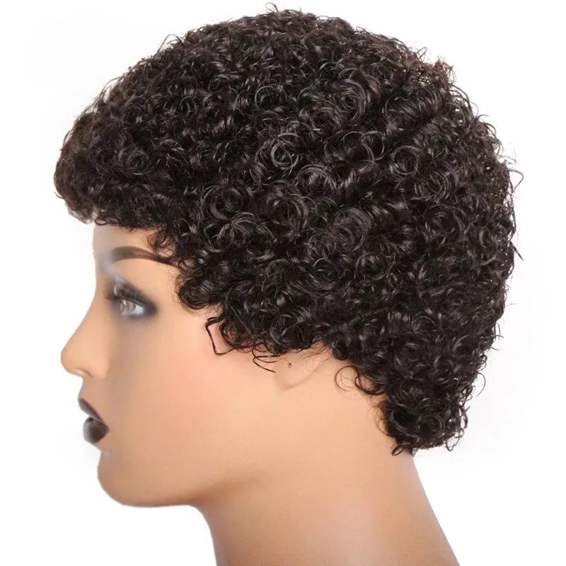 Natural Black Short and Pixie Jerry Curl / Kinky Curly Glueless 100% Human Hair Wig