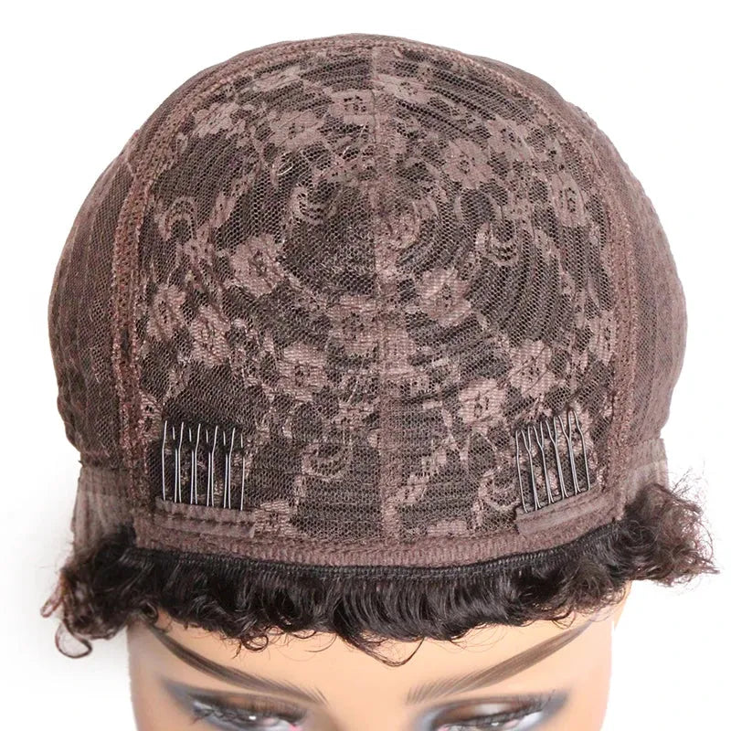 Natural Black Short and Pixie Jerry Curl / Kinky Curly Glueless 100% Human Hair Wig