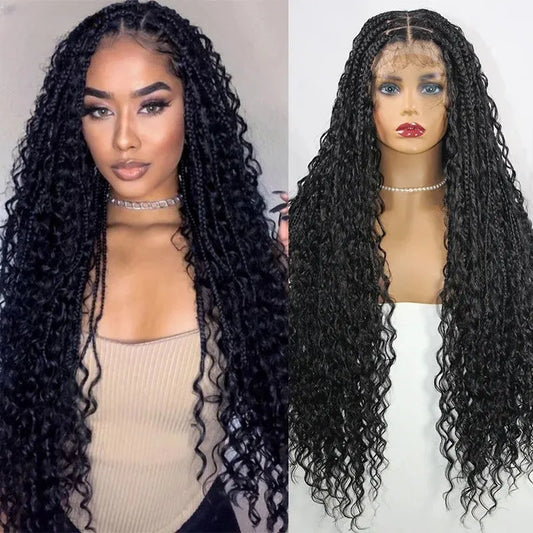 32 Inch Pre-cut Extra Long Boho Braided Box 360 Full Lace Curly Synthetic Wig