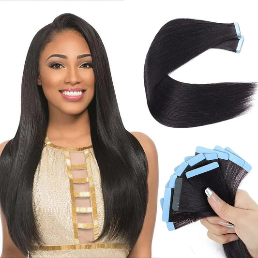 Yaki Straight Tape In Natural Black Hair Extension 100% Virgin Brazilian Human Hair