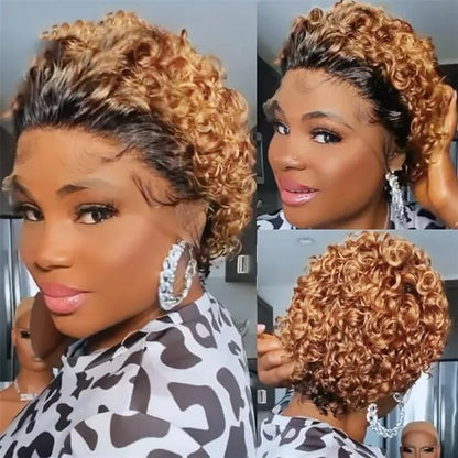 Pixie Curly Water Wave 13x1 Transparent Front Lace Glueless Short Wig With Bangs