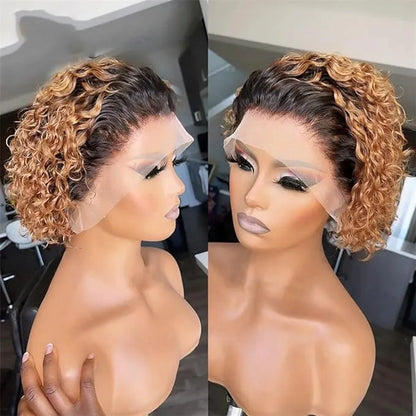 Pixie Curly Water Wave 13x1 Transparent Front Lace Glueless Short Wig With Bangs