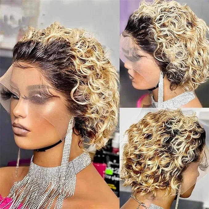 Pixie Curly Water Wave 13x1 Transparent Front Lace Glueless Short Wig With Bangs