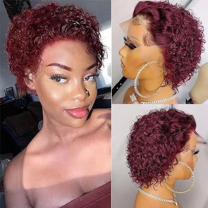 Pixie Curly Water Wave 13x1 Transparent Front Lace Glueless Short Wig With Bangs