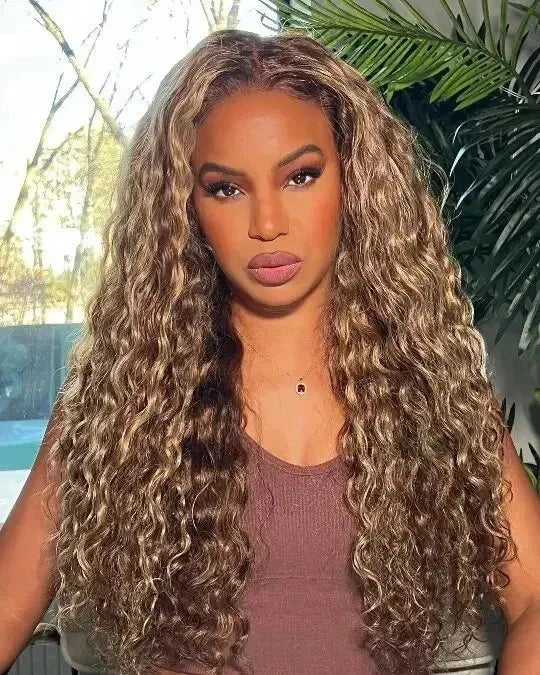 Highlight Honey Blonde Deep Wave Lace Frontal Glueless Wig 100% Virgin Human Hair