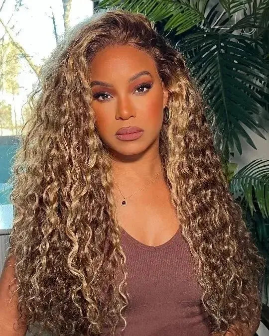 Highlight Honey Blonde Deep Wave Lace Frontal Glueless Wig 100% Virgin Human Hair