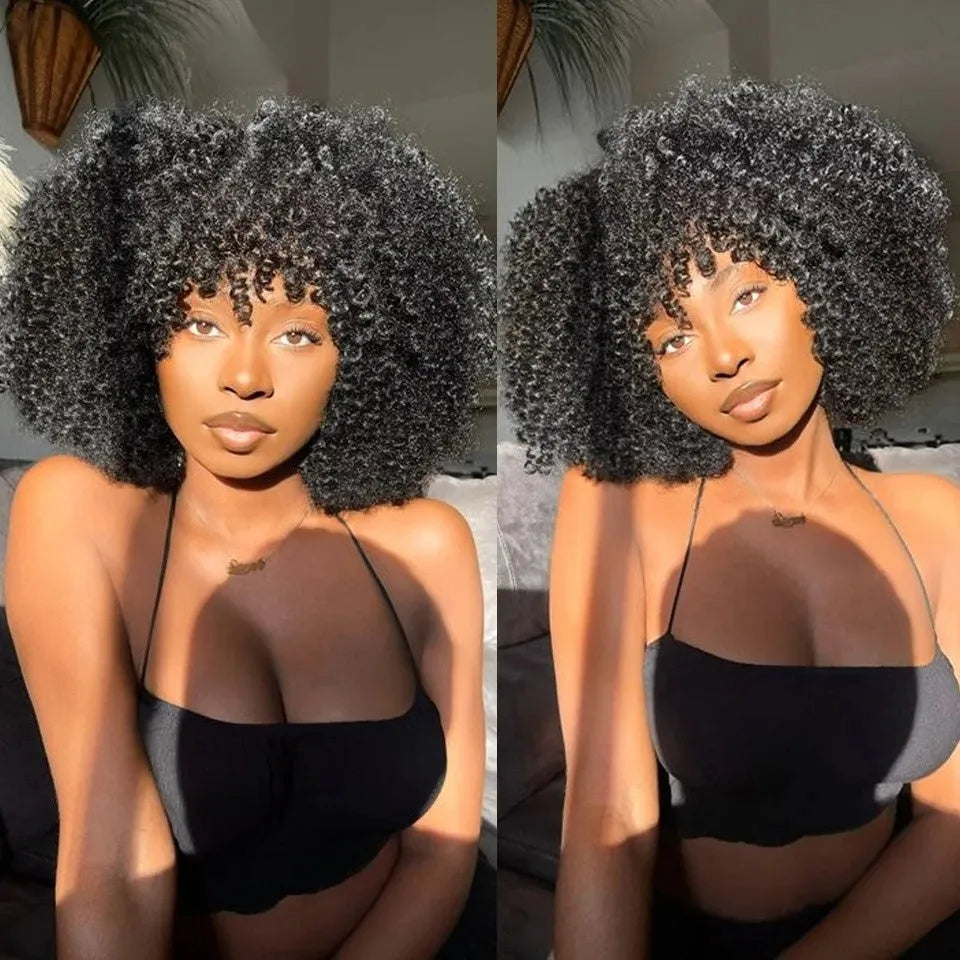 Wear & Go Afro Kinky Curly Glueless Wig With Bang 100% Remy Human Hair