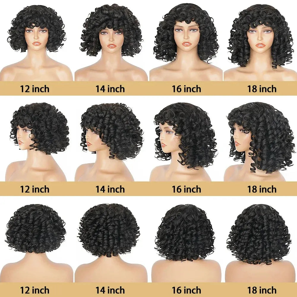 Afro Curly Bouncy Bob Glueless Wig With Bang 100% Remy Human Hair