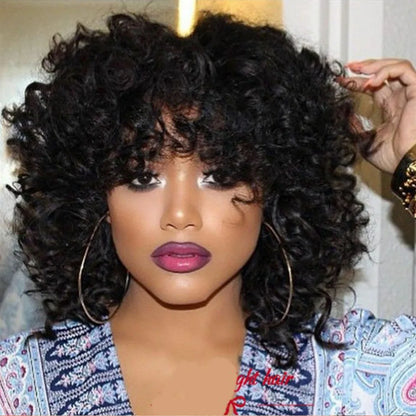 Afro Curly Bouncy Bob Glueless Wig With Bang 100% Remy Human Hair