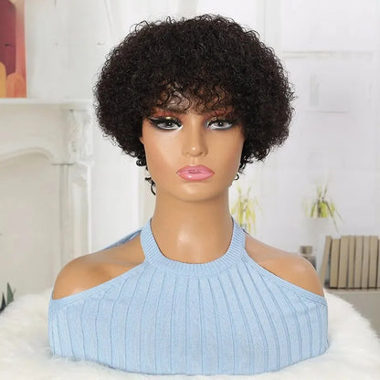 Jerry Curl No Lace Pixie Cut Bob Wig With Bangs 100% Brazilian Human Hair