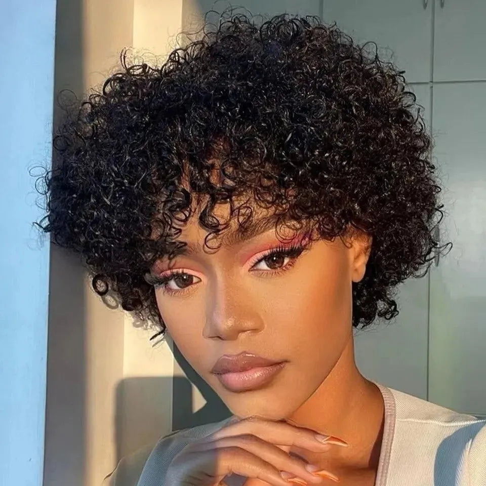 Jerry Curl No Lace Pixie Cut Bob Wig With Bangs 100% Brazilian Human Hair