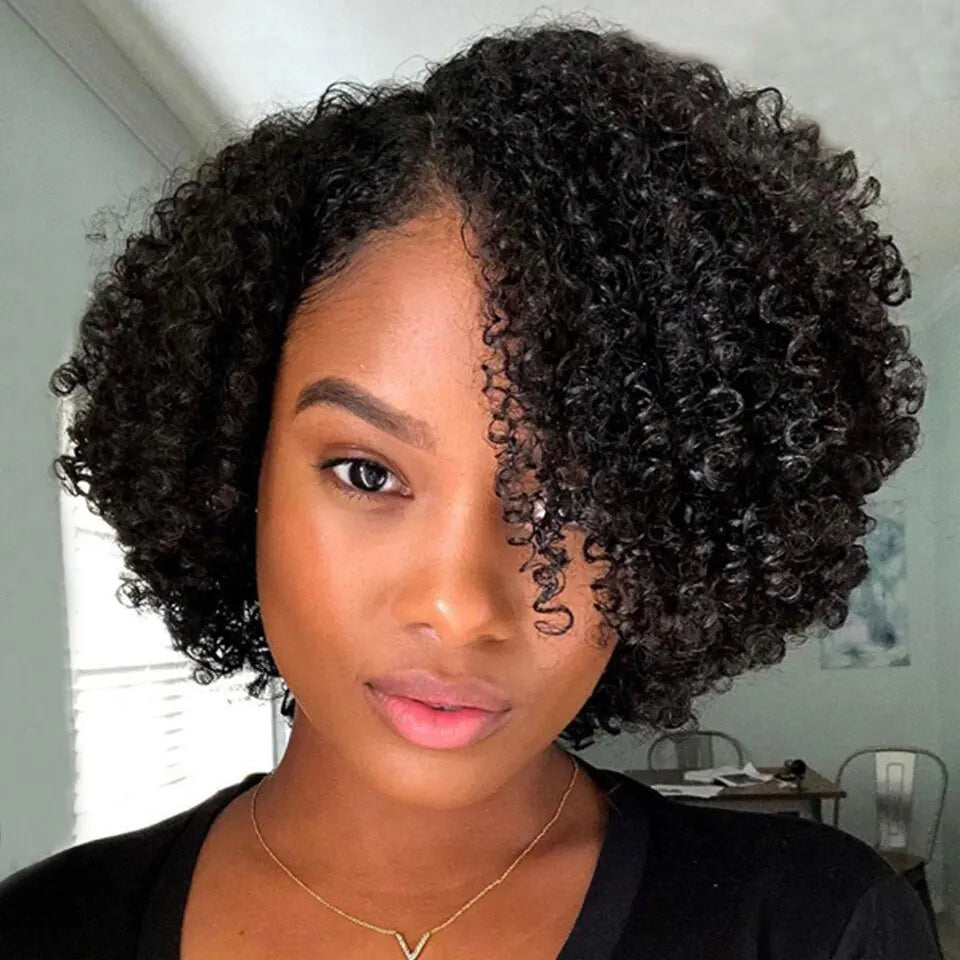 Jerry Curl No Lace Pixie Cut Bob Wig With Bangs 100% Brazilian Human Hair