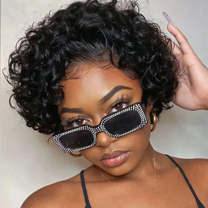 Pixie Curly Water Wave 13x1 Transparent Front Lace Glueless Short Wig With Bangs