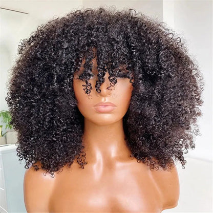 Wear & Go Afro Kinky Curly Glueless Wig With Bang 100% Remy Human Hair