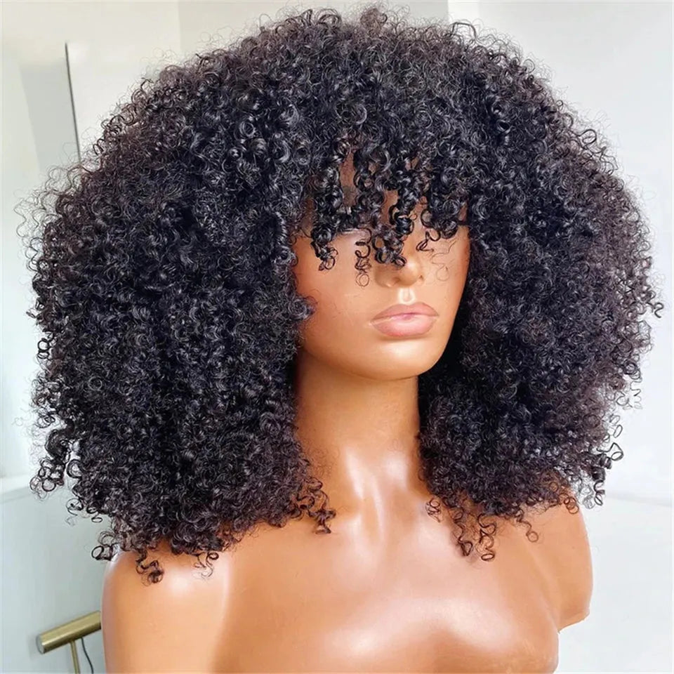 Wear & Go Afro Kinky Curly Glueless Wig With Bang 100% Remy Human Hair