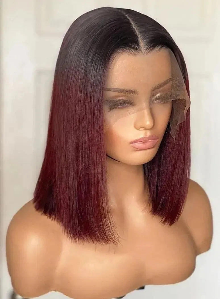 Burgundy Short Straight T Part 4x4 Lace Front Bob Wig 100% Remy Human Hair