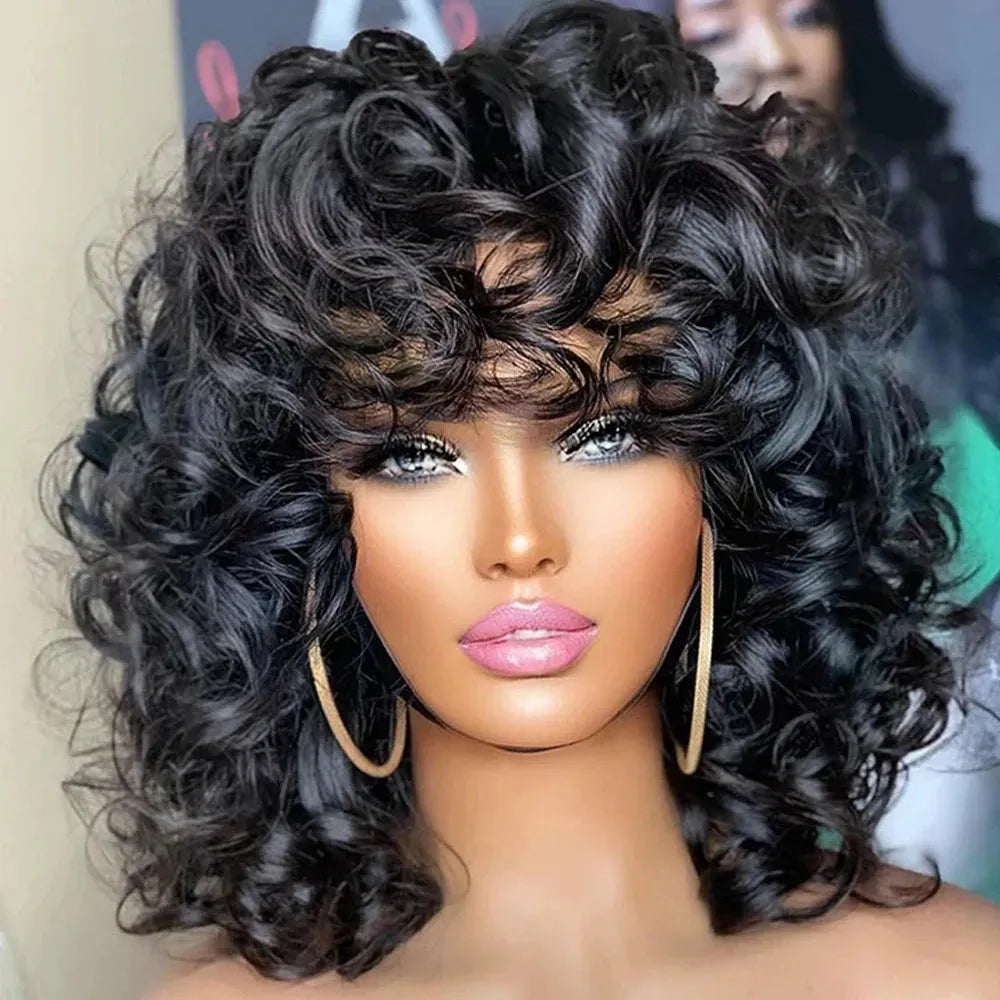 Afro Curly Bouncy Bob Glueless Wig With Bang 100% Remy Human Hair