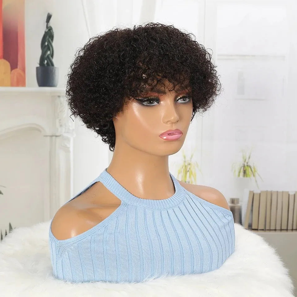 Jerry Curl No Lace Pixie Cut Bob Wig With Bangs 100% Brazilian Human Hair