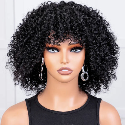 Wear & Go Afro Kinky Curly Glueless Wig With Bang 100% Remy Human Hair