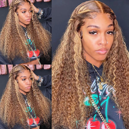 Highlight Honey Blonde Deep Wave Lace Frontal Glueless Wig 100% Virgin Human Hair