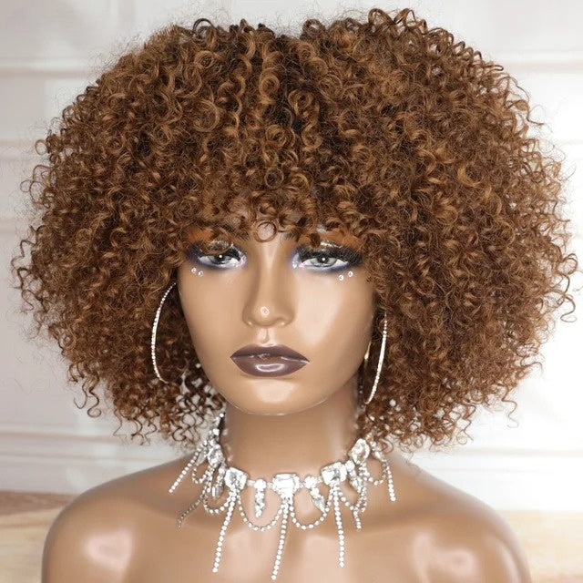 Wear & Go Afro Kinky Curly Glueless Wig With Bang 100% Remy Human Hair