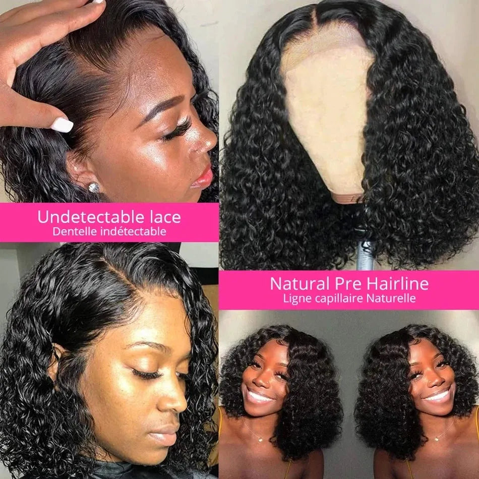 Natural Black Deep Curly Bob With T Part 13x6x2 HD Front Lace Wig