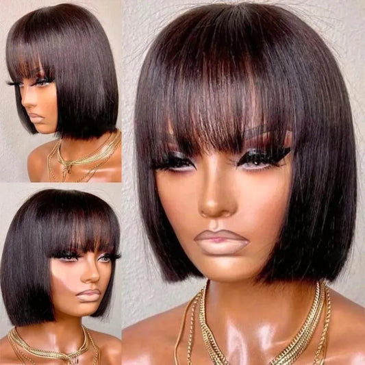 Relistic Yaki Straight No Lace Bob With Bangs Wig 100% Remy Human Hair