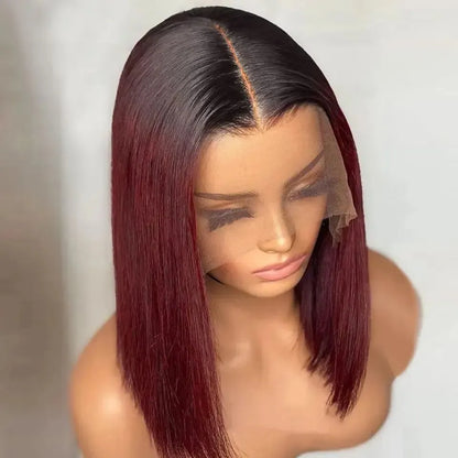 Burgundy Short Straight T Part 4x4 Lace Front Bob Wig 100% Remy Human Hair