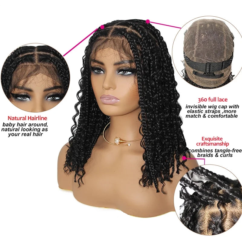 12 Inch Pre-cut Short Boho Braided Box 360 Full Lace Synthetic Cornrow Bob Wig