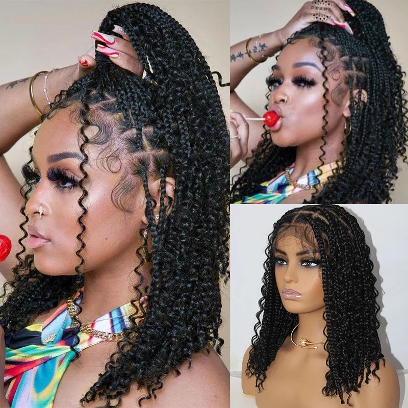 12 Inch Pre-cut Short Boho Braided Box 360 Full Lace Synthetic Cornrow Bob Wig