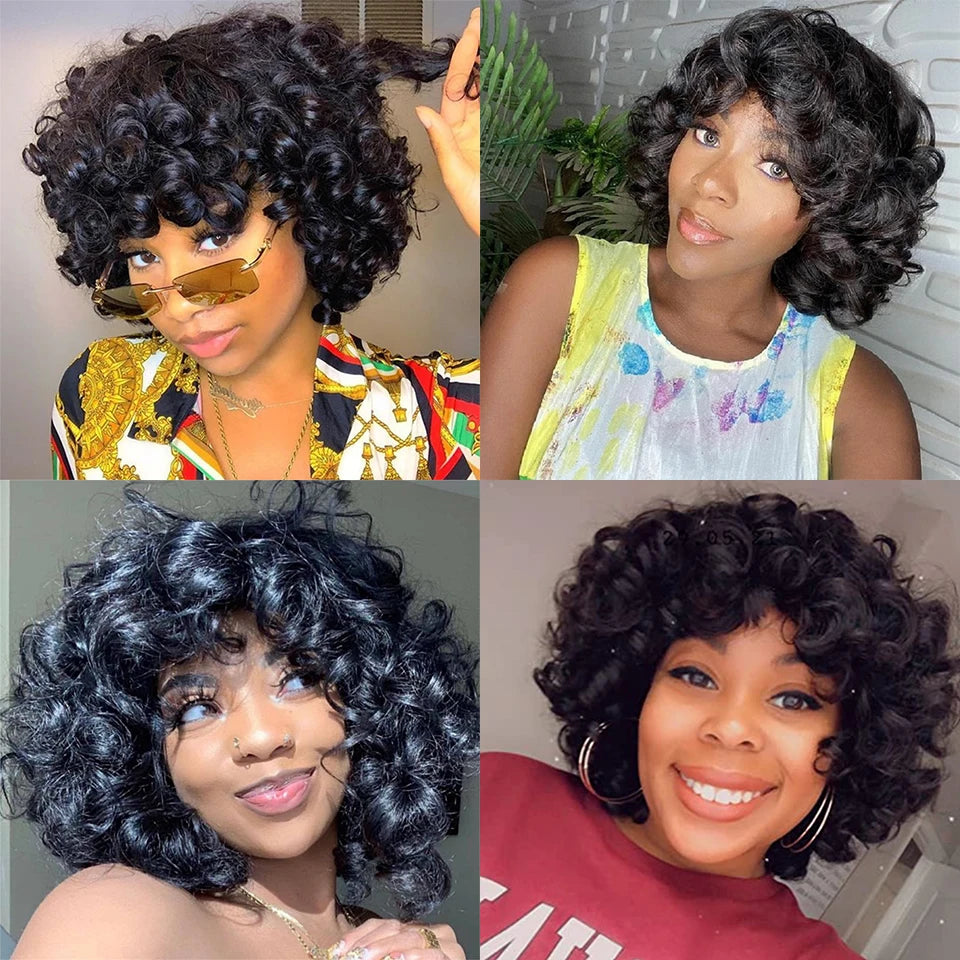 Afro Curly Bouncy Bob Glueless Wig With Bang 100% Remy Human Hair